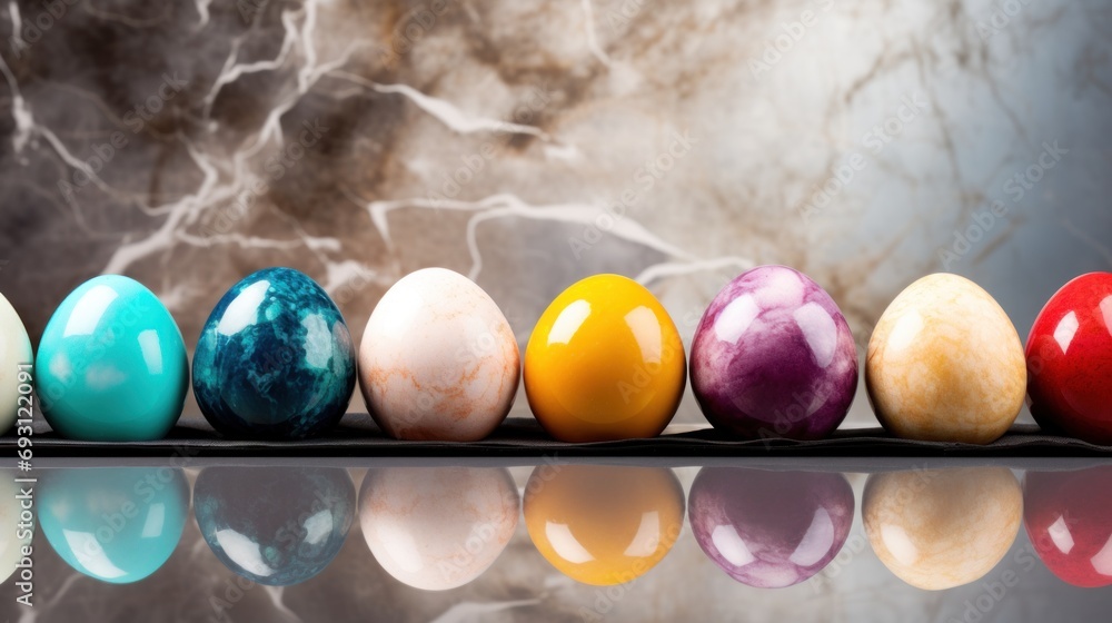 Poster a row of colored eggs sitting next to each other on top of a reflective surface in front of a marble