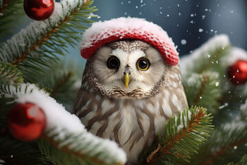 Fototapeta premium A charming owl dons a Santa Claus hat, perched amidst the dense spruce branches