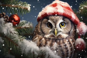 A charming owl dons a Santa Claus hat, perched amidst the dense spruce branches