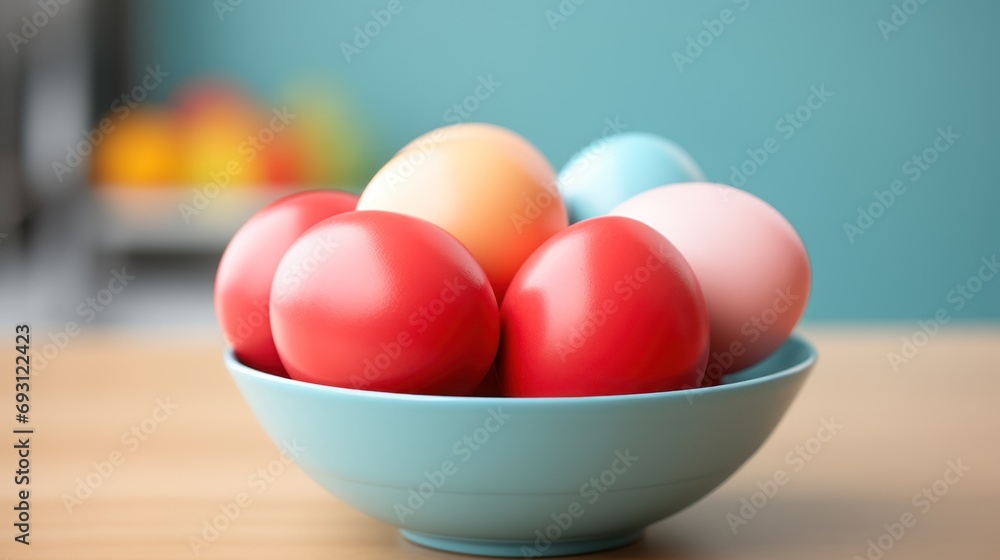 Poster a close up of a bowl of eggs on a table with a blue wall in the background and a blurry image of an 