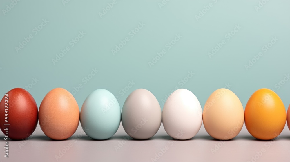 Aufkleber a row of colored eggs sitting in a row on top of a white table with a green wall in the background a
