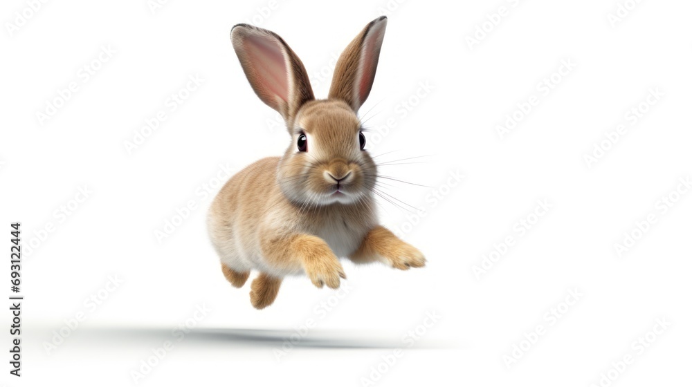 Poster a rabbit is flying through the air with its front paws in the air and it's ears up to the side of th