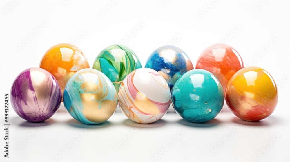 Poster a group of marbled eggs sitting next to each other on a white surface with different colors of marbl