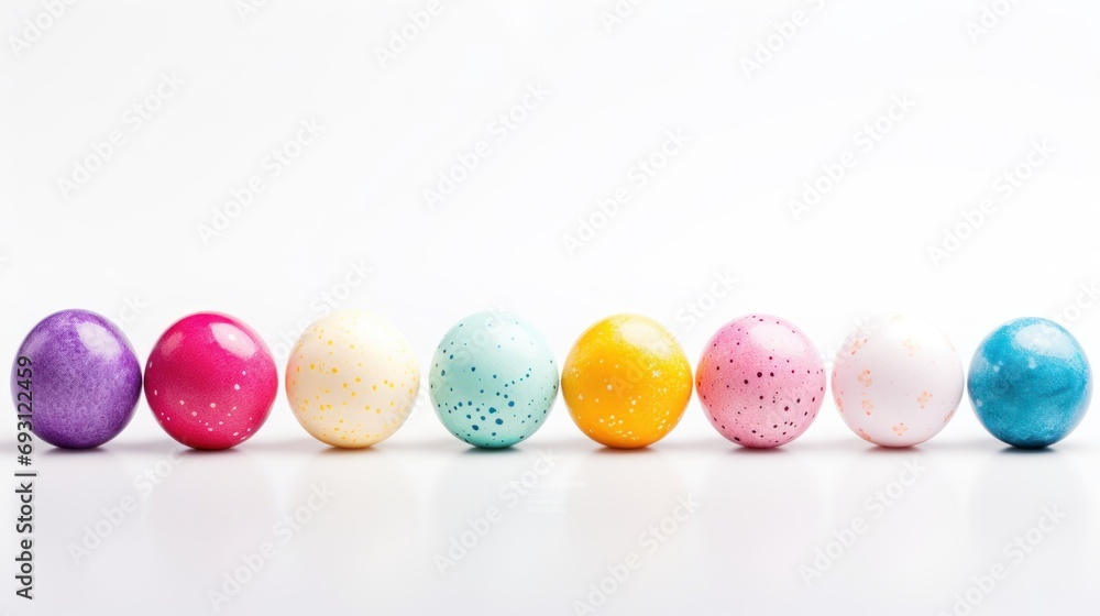 Poster a row of colorful easter eggs with speckles in the middle of the row, all lined up in a row, on a wh