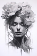 Generative AI, Beautiful young woman face with flowers, drawn by black ink or watercolor. Hand paint black and white fashion sketch.	
