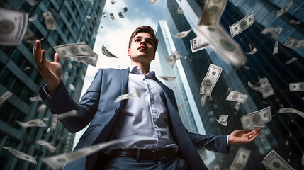 businessman standing under falling money - obrazy, fototapety, plakaty