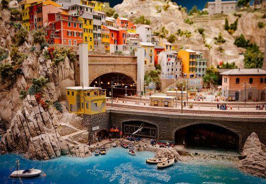 Miniatur Wunderland Hamburg in Germany, Riomaggiore railway station in Italy, museum with miniature model construction of the world