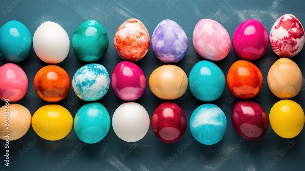 Poster a group of different colored eggs sitting on top of a blue surface with one egg in the middle of the