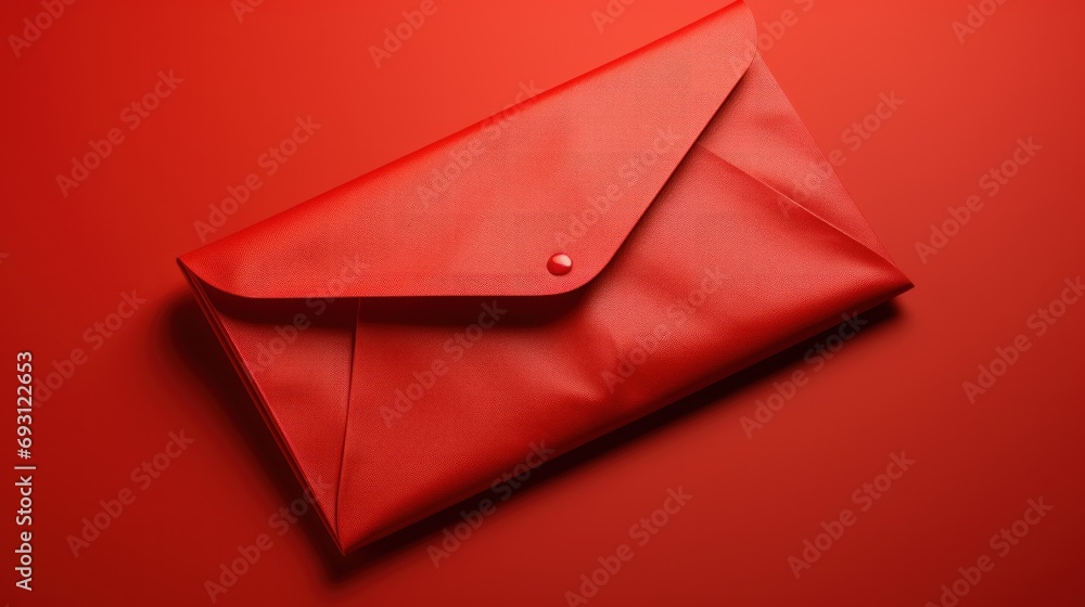 Poster a red envelope sitting on top of a red surface with a button on the front of the envelope and a butt