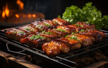 Naklejka premium sizzling barbecue pork belly, perfectly grilled and ready to serve