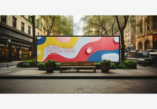 Street Billboard Frame Mockup Template - Cityscape with Bench, Potted Plants, and Large Screen on Sidewalk in Front of Building