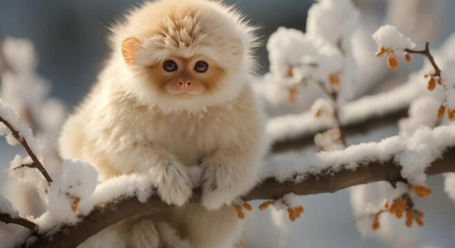 monkey on snowy tree branch footage