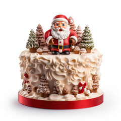 A New Year's cake with cream, adorned with a toy Santa Claus and Christmas ornaments, generative AI