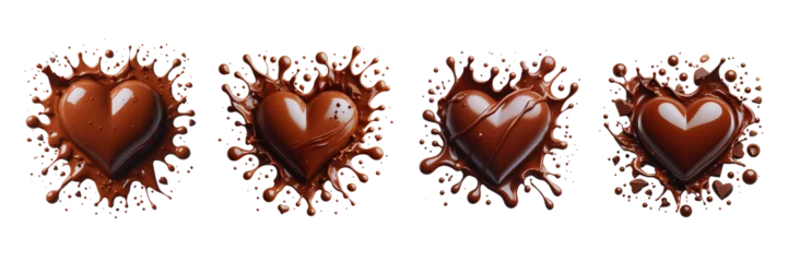 Foto op Plexiglas Set of Flat Lay of Liquid chocolate heart with drips and splashes, Valentine's day, isolated over on transparent background(2) © Mithun