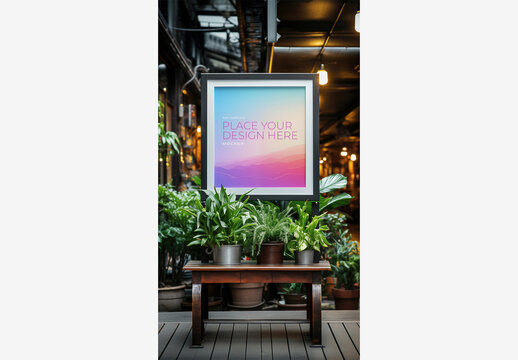 Street Billboard Frame Mockup Template with Picture Frame, Table Plants, Planter, Wooden Floor, and White Board for High-Quality Stock Images