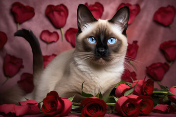 Siamese Cat with a background of Roses / Valentines Cat 