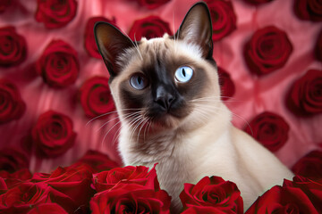 Siamese Cat with a background of Roses / Valentines Cat 