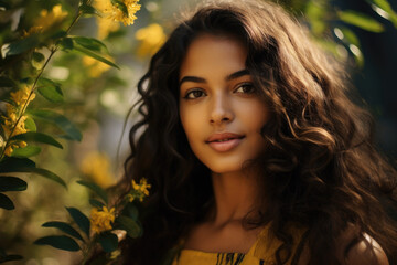 Fototapeta premium Portrait of an Indian young brunette against a background of flowers and foliage on a sunny day. Concept of natural beauty.