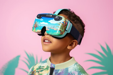 Portrait of a cheerful Spanish alpha generation boy wearing virtual reality goggles on a colorful background.