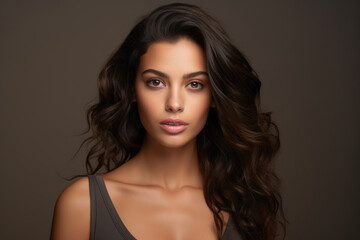 Portrait of a gorgeous Hispanic brunette with long wavy hair on a dark brown background.