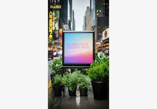 Street Billboard Frame Mockup Template: Vibrant Cityscape with Sign, Potted Plants, and Street lights in Background and foreground