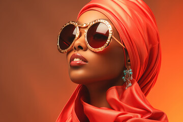 Portrait of a swarthy Muslim woman wearing a red hijab and fancy sunglasses on a brown background.
