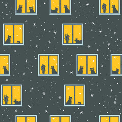 Seamless pattern with cats in windows and snow outside