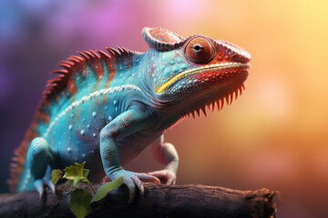 Fototapeta premium Close-up of a cute blue chameleon sitting on a broken branch, bokeh effect.