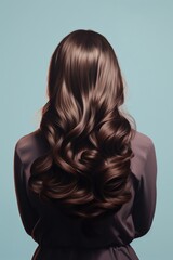 Fototapeta premium Portrait of brunette woman from back with long groomed and wavy hair on blue background.