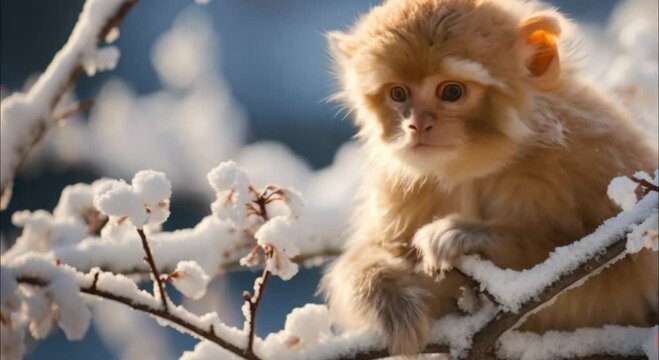 monkey on snowy tree branch footage