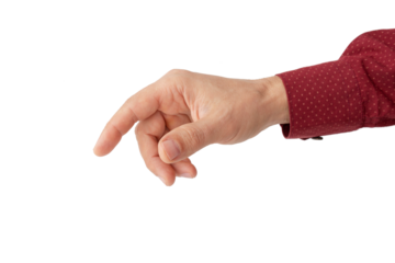 male hand reaches out to press a button or point to something, make a choice, isolated on a white background