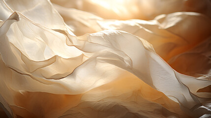 Sunlit linen fabric, draped and folded., sunlight casting soft shadows on a pure white bedspread, a wavy background with layers of translucent waves, resembling delicate chiffon fabric gently billow

