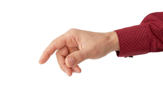 male hand reaches out to press a button or point to something, make a choice, isolated on a white background