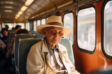 An elderly man travels on his own using a local tourist train while traveling with locals