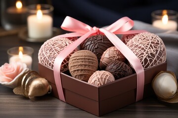 Exquisite heart-shaped chocolate truffles arranged in a decorative box, a luxurious and indulgent Valentine's Day treat