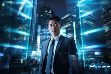 Fototapeta premium Asian businessman Take portraits amidst the lights of tall buildings in the modern city of a big city environment.