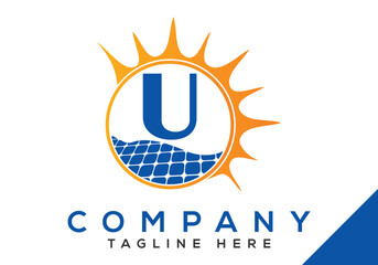 Letter U with solar panel and sun sign Logo Design Vector Template.