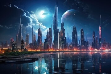 Fototapeta na wymiar Futuristic cityscape at night with illuminated skyscrapers and advanced transportation, urban utopia
