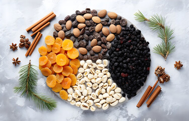 almonds, walnuts, cashews, hazels, pine nutsб dried apricots, prunes on grey snowy background top view