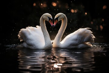 Graceful swan couple forming a heart shape with their necks, a symbol of fidelity and lifelong partnership in the animal kingdom