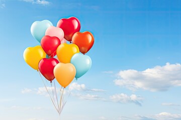 Heart-shaped balloon bouquet against a clear blue sky, vibrant colors symbolizing the exuberance of love