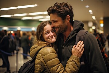 Heartfelt reunion at the airport with a long-distance couple embracing passionately, capturing the essence of missed love