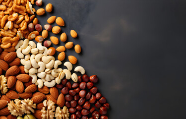 almonds, walnuts, cashews, hazels, pine nuts on grey snowy background top view