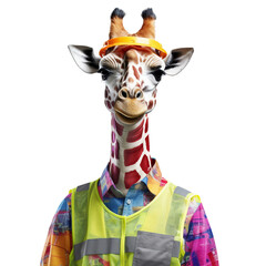Watercolor giraffe, png, print, Engineer giraffe on construction site, clear image, hyper-realistic, bright colourful saturated colours, on white background 