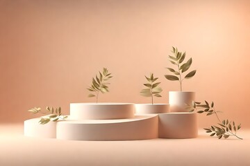 Abstract minimal scene. podium with leaves in clean background for product presentation displays
