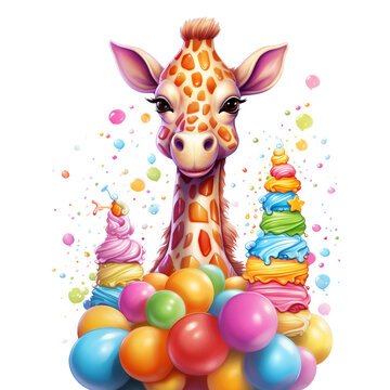 Watercolor giraffe, png, print, Candy giraffe with cake, clear image, hyper-realistic, bright colourful colours, illustration, png on white background