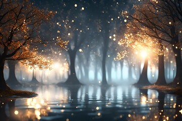 Blurred lights shining amongst tree branches background