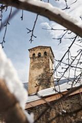 Towers of Mestia village in Svaneti region in Georgia in winter 