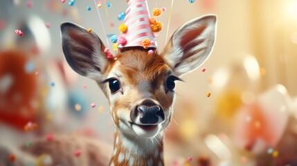 Happy cute animal friendly deer wearing a party hat celebrating at a fancy newyear or birthday party festive celebration greeting with bokeh light and paper shoot confetti surround happy lifestyle - obrazy, fototapety, plakaty
