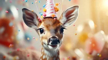 Foto op Aluminium Happy cute animal friendly deer wearing a party hat celebrating at a fancy newyear or birthday party festive celebration greeting with bokeh light and paper shoot confetti surround happy lifestyle © VERTEX SPACE